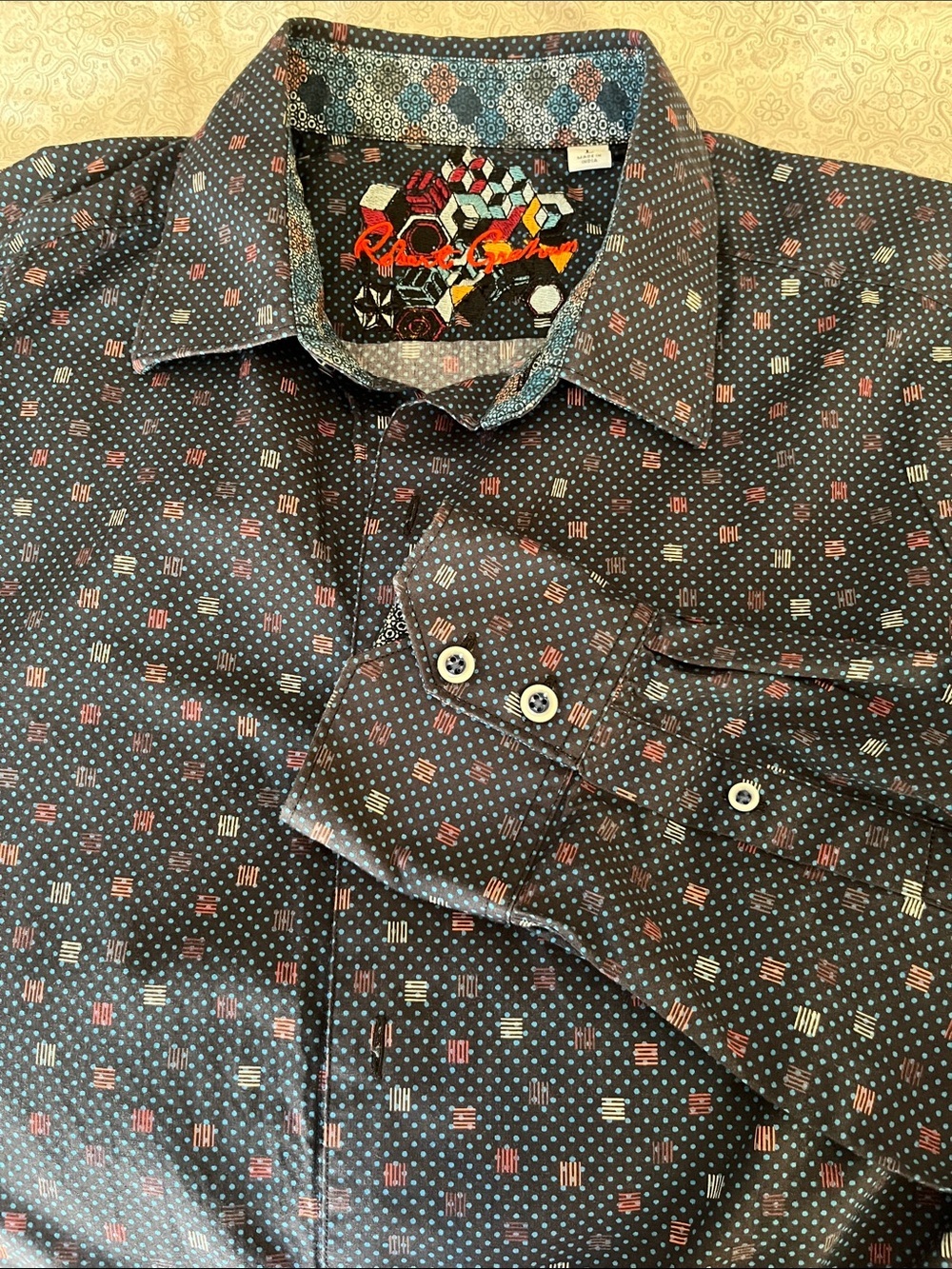 NWOT Robert Graham Navy Button-Down with Multicolor Geometric Embroidery Size L - Picture 5 of 11